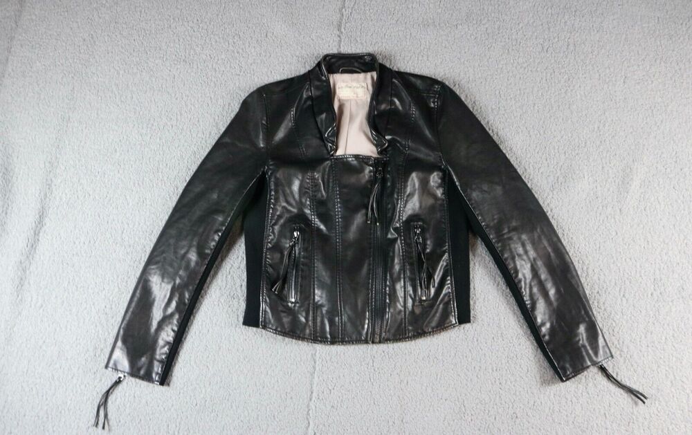 Free People We The Free Womens S Black Faux Leather Knit Moto Jacket Tassels